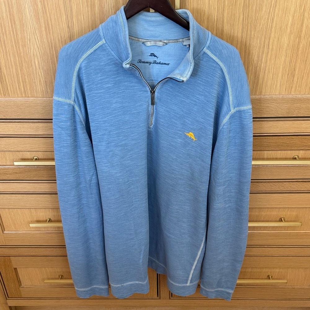 Tommy Bahama Light Blue Quarter-Zip Pullover with Yellow Logo